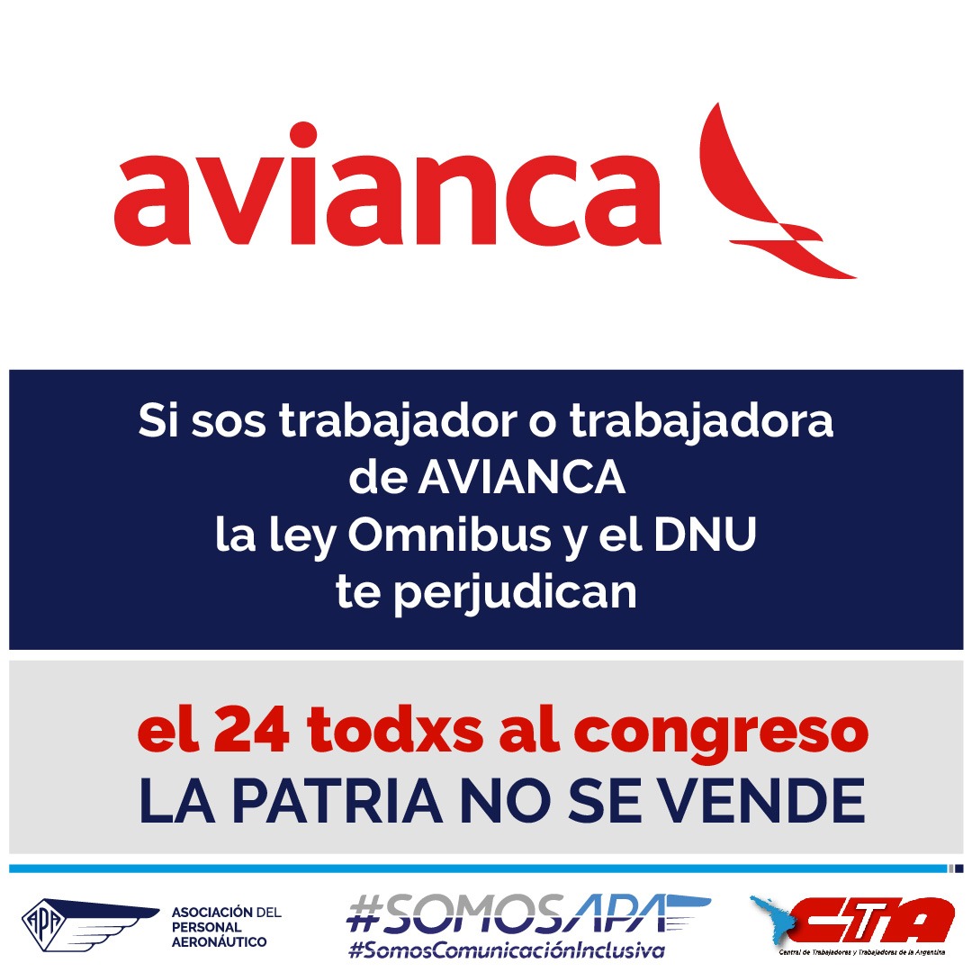 APAERONAUTICOS's tweet photo. APA llama al paro el 24 de enero contra DNU 70/23 y Ley Ómnibus que amenazan derechos laborales y privatización de nuestras empresas. #NoALaPrivatizacion @avianca https://t.co/O3stNhLGey