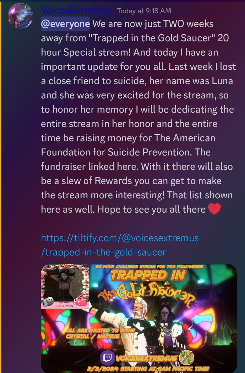 VExtremus's tweet photo. Special announcement for "Trapped in The Gold Saucer"! It is now going to be a charity stream as well!! #FFXIV #FinalFantasyXIV @ffxivstreamers #ChallengeStream #Charity #SuicidePrevention https://t.co/upWY7TUtU2