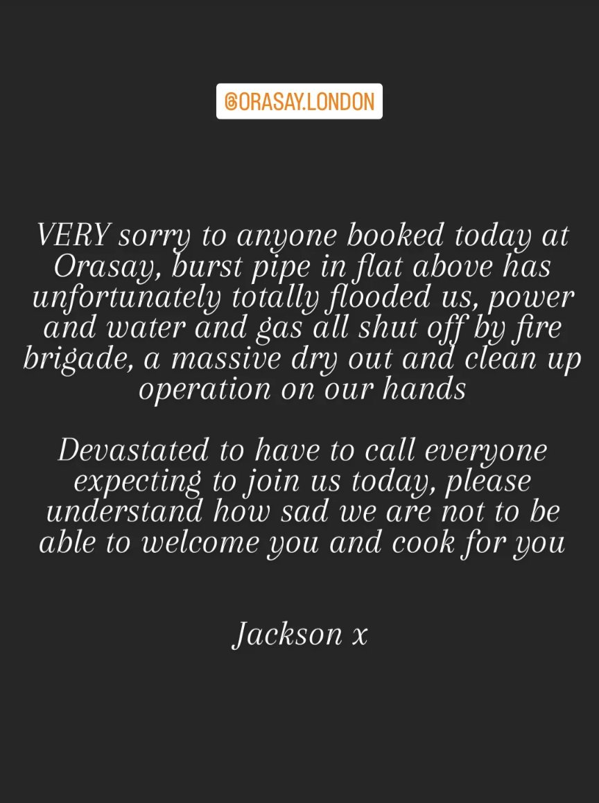 restaurant flooded, power off, lights out, all is dark

so sorry

x