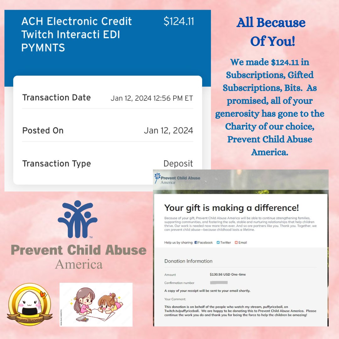 PuffyRiceball's tweet photo. Donation made on behalf of your subscriptions, gifted subscriptions, and bits.  As promised, all revenue is donated to our choice of charity, Prevent Child Abuse America.  We donated $130.56 in total.  Thank you! ❤️

#donation #donations #charity #payitforward #twitchstreamer https://t.co/kgTKgChkSZ