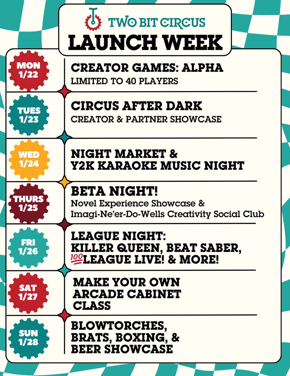Next week is our big Launch Week at <a href="/TwoBitCircus/">Two Bit Circus</a>! 

2024 brings new attractions, new events, brand partnerships, school tours &amp; more.  Come play!
 
 linktr.ee/twobitcircus