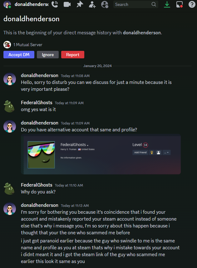 FederalGhosts's tweet photo. Be aware, these scammers are back - they pretend there is an alt out there scamming them and gives you a phishing link to expose your steam ID with fake login page. Beware! @Steam @discord https://t.co/Qjo3d4JEjv