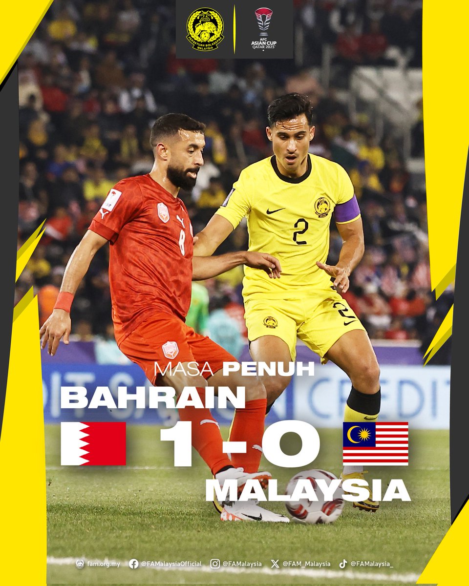 FAM_Malaysia's tweet photo. Keputusan Masa Penuh

Kumpulan E, Piala Asia 2023 | Sabtu, 20 Januari 2024

BAHRAIN 🇧🇭 1-0 🇲🇾 MALAYSIA

⚽️ Ali Madan 90'+5

#FAM #HarimauMalaya #AsianCup2023 https://t.co/HnXOsgu2JI