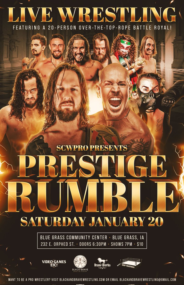 We're going to give you your money's worth tonight!

Don't miss out on two hard-hitting championship matches, an era defining triple threat match, and of course...

THE PRESTIGE RUMBLE!

🔹 6pm doors
🔹 7pm start
🔹 Tickets just $10

You... better... BE THERE!