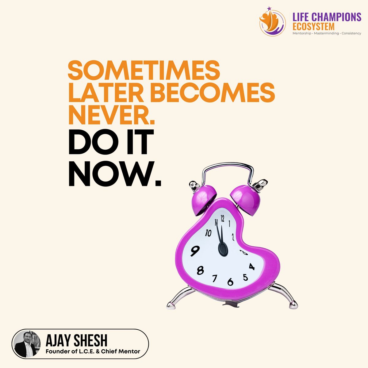 ajayshesh's tweet photo. We often say I'll do it later &amp; then never actually get around to it. 

But time doesn't wait for anyone. If we keep putting things off, we may never achieve our business goals. 

So don't wait for tomorrow, do it now! Take that first step 👣 towards success. 
.
.
#AskAjayShesh https://t.co/jBUtvuaeLC
