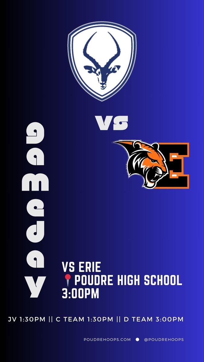 GAMEDAY

Saturday matinee in the Impaladome! 

vs Erie
📍 Poudre High School 
🕒 3:00pm

JV 1:30pm | C Team 1:30pm | D Team 3:00pm

#GoPoudre