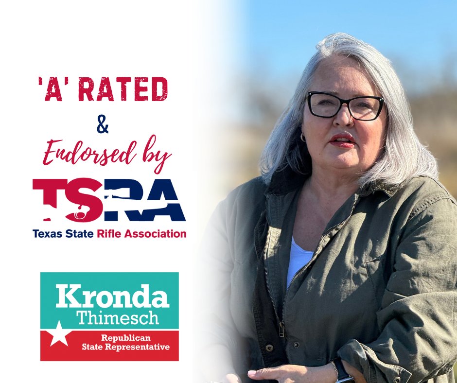 KrondaForTexas's tweet photo. As your State Representative, I will always fight to protect our Second Amendment rights. I am proud to be endorsed by the Texas State Rifle Association in my re-election campaign and I am looking forward to continuing to defend the freedoms we enjoy as Americans. #HD65 #txlege #endorsement