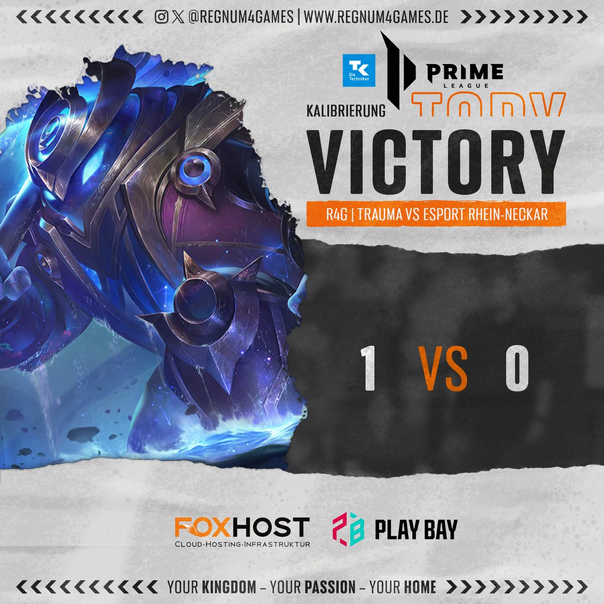 regnum4games's tweet photo. 👑#TKPRM KALICUP👑

Drittes Spiel - dritter Sieg! Huch, da haben es die Spieler:innen von @esportrn_ es unserem Team #Trauma durchaus schwer gemacht! Aber am Ende steht der solide dritte Sieg in der Kalibrierung der @PrimeLeague!

#getcrowned | #r4g | #primeleague https://t.co/hI1ipe3eiq