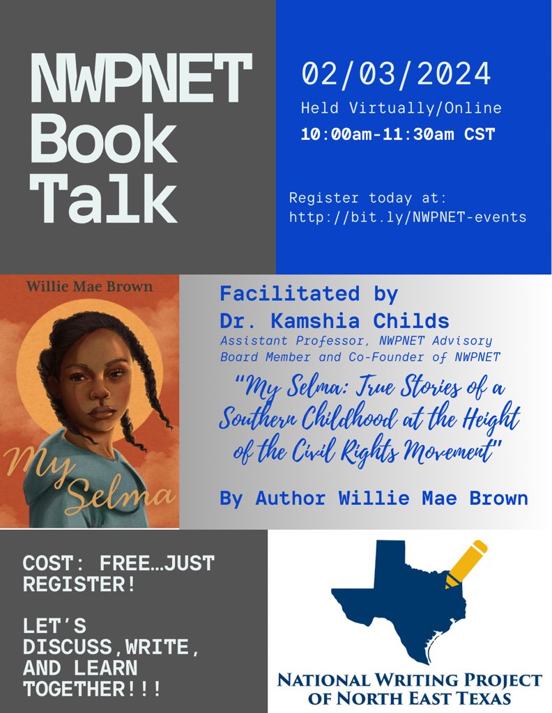 DoctorKChilds's tweet photo. Join us in a few weeks as I host a book study over “My Selma” by Willie Mae Brown. Register here: https://t.co/iYrgQYdttP @NWPNETexas @tamuc https://t.co/AMNNwdsLag