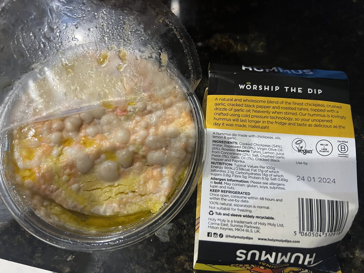 The_Papster's tweet photo. Just opened this to find what looks like Arnold Schwarzenegger’s face when he tries to breathe on Mars in Total Recall. Not being funny @HolyMolyDips @sainsburys but there was 5 days left on this - what’s the deal? #hummus #holymoly https://t.co/5Va9eAgw3g