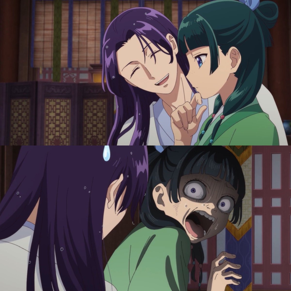 keiuzuki's tweet photo. Maomao's reaction when Jinshi appeared out of nowhere 💀😭

Jinshi: "That expression hurts you know." https://t.co/tCgXLyboM3