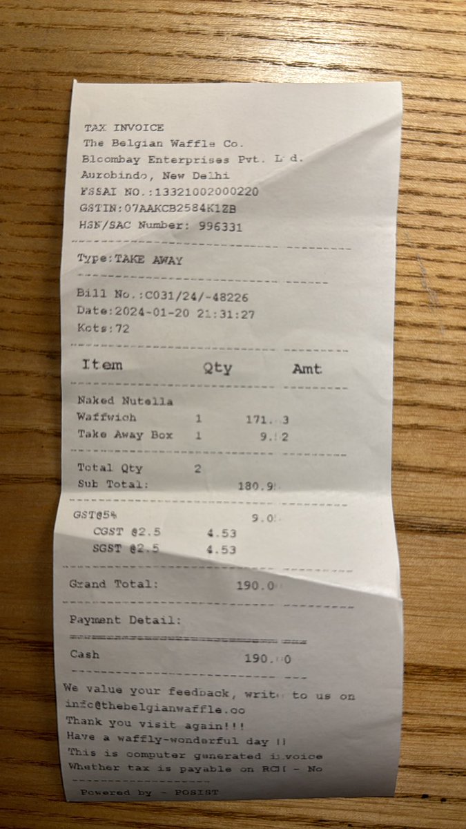 riteshc_in's tweet photo. @belgianwaffleco Pathetic service at the Aurobindo Marg store in Delhi. Had to wait for nearly 25 mins for delivery of 1 waffle. Staff was totally rude and was mixing up orders and was not following any sequence - bill attached https://t.co/96kwwUrF5O