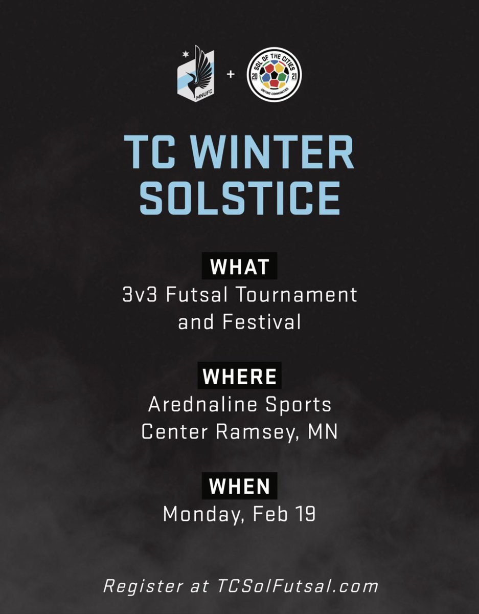 solofthecities's tweet photo. Winter SOLstice 3v3 Futsal Tourney &amp; Festival FUNdraiser! Feb 19, 9AM-5PM. U10 &amp; up: 3v3 tournament, $50/team, 5-person max. Prizes! Plus, MNUFC Festival for kids 5-13 with games inflatables &amp; mascot. Support Sol of the Cities. Register: https://t.co/7EHudI1MaV
#TCwintersolstice https://t.co/j4qYNiDEcR