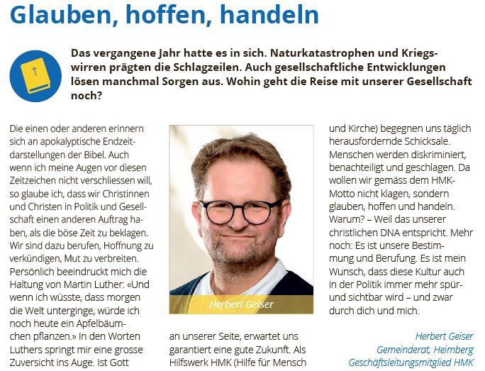 Das «Wort zum Sonntag» von EVP-Gemeinderat Herbert Geiser (Heimberg).