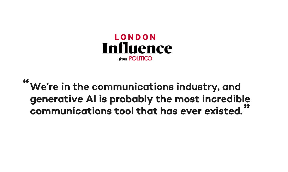 The Communications and Public Affairs industries must fully embrace AI. 🤖💬
In a recent interview  with <a href="/johnjohnstonmi/">John Johnston</a>  from <a href="/politico/">POLITICO</a> for his "Rise of the Machines" article, we explored this very topic. politico.eu/newsletter/pol…
#AI #Communications #PublicAffairs #FutureOfWork