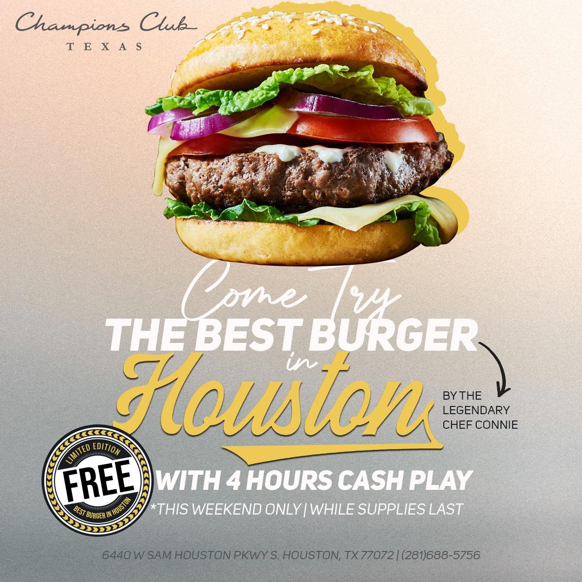 ChampionsClubTX's tweet image. WEEKEND BURGER SPECIAL at @ChampionsClubTX 

Play four hours of cash and get a FREE Burger &amp;amp; Fries made by the legendary @pokerchefconnie  (while supplies last)!