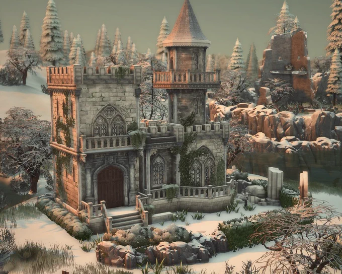 Exterior: light stone castle with cracks of moss growing within. Green ivy climbs the walls and drapes over the roofline. (Taken in snow but I set the season to summer so I could have green bushes contrasting the white snow more)