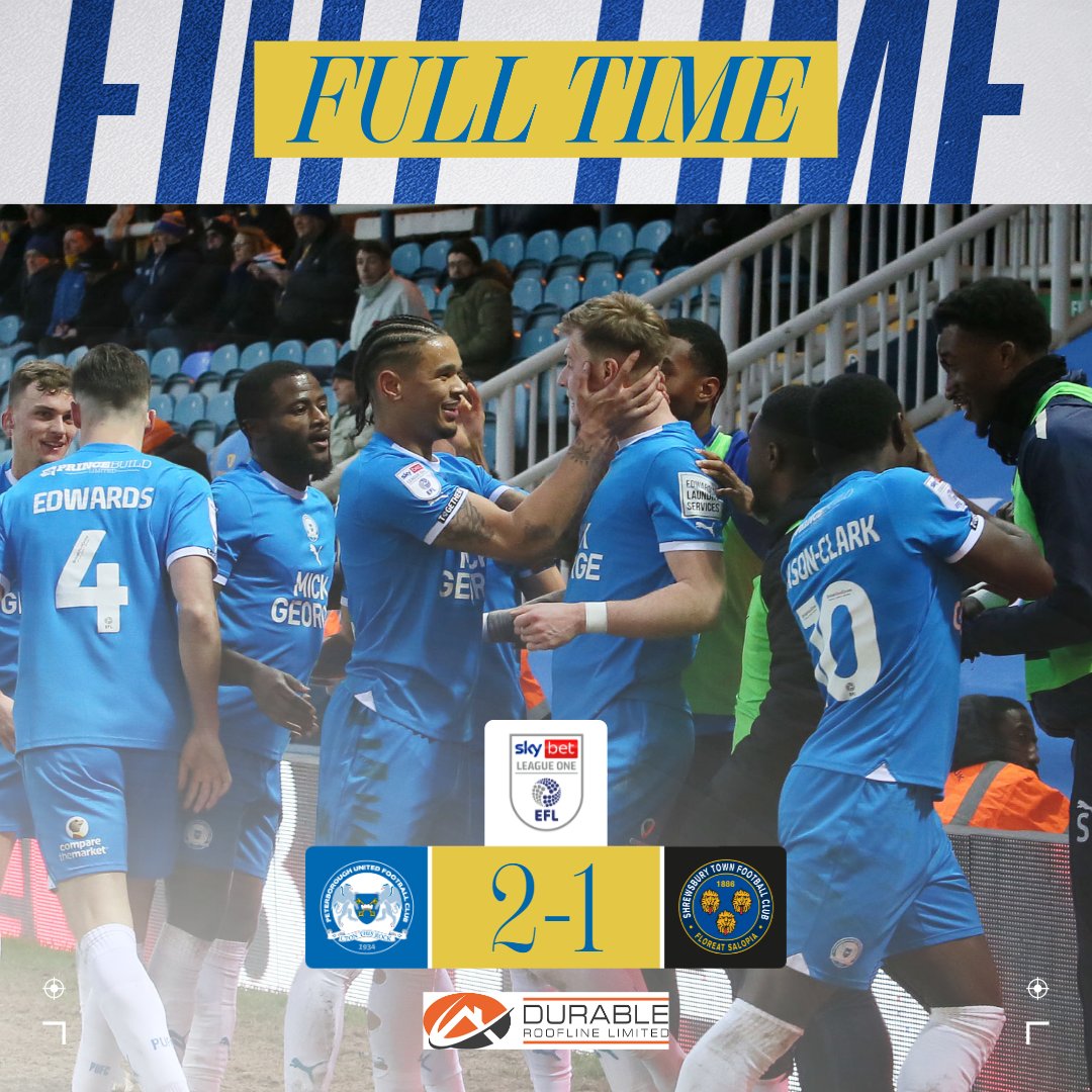 Another 3⃣ points in PE2.  A second half turnaround for Darren Ferguson's men. 

Full-time brought to you by Durable Roofline.

🔵 2-1 🔴 | #pufc