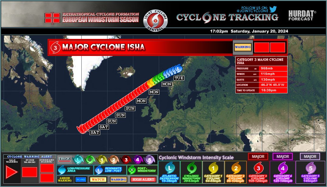 JointCyclone's tweet photo. Major #CycloneIsha Advisory 11
Max Winds: 115mph
CWSIS: C3
MSLP: 968mb
Windstorm Update: Status Orange wind warnings issued for Republic of Ireland will bring very strong, severe and damaging wind gusts likely, potential impacts from Sunday evening into Monday... #StormIsha https://t.co/jHTvEvUO9Q