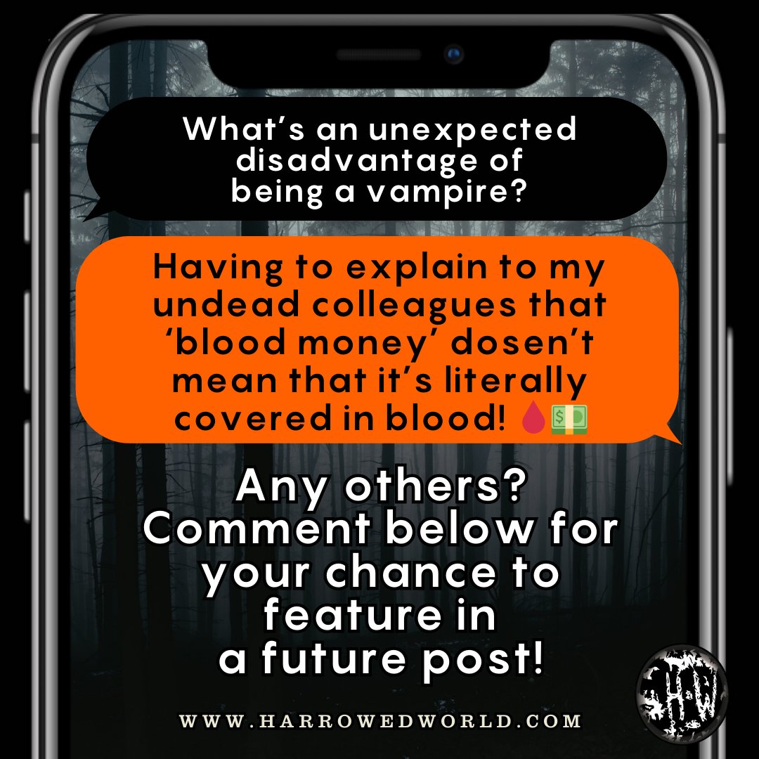 HarrowedWorld's tweet photo. What’s an unexpected disadvantage of being a vampire? 

Having to explain to my undead colleagues that ‘blood money’ dosen’t mean that it’s literally covered in blood! 🩸💵 

Any others? Comment below for your chance to feature in a future post!

#Vampire #Vampires #Vampcore https://t.co/ANGfNiQBFB