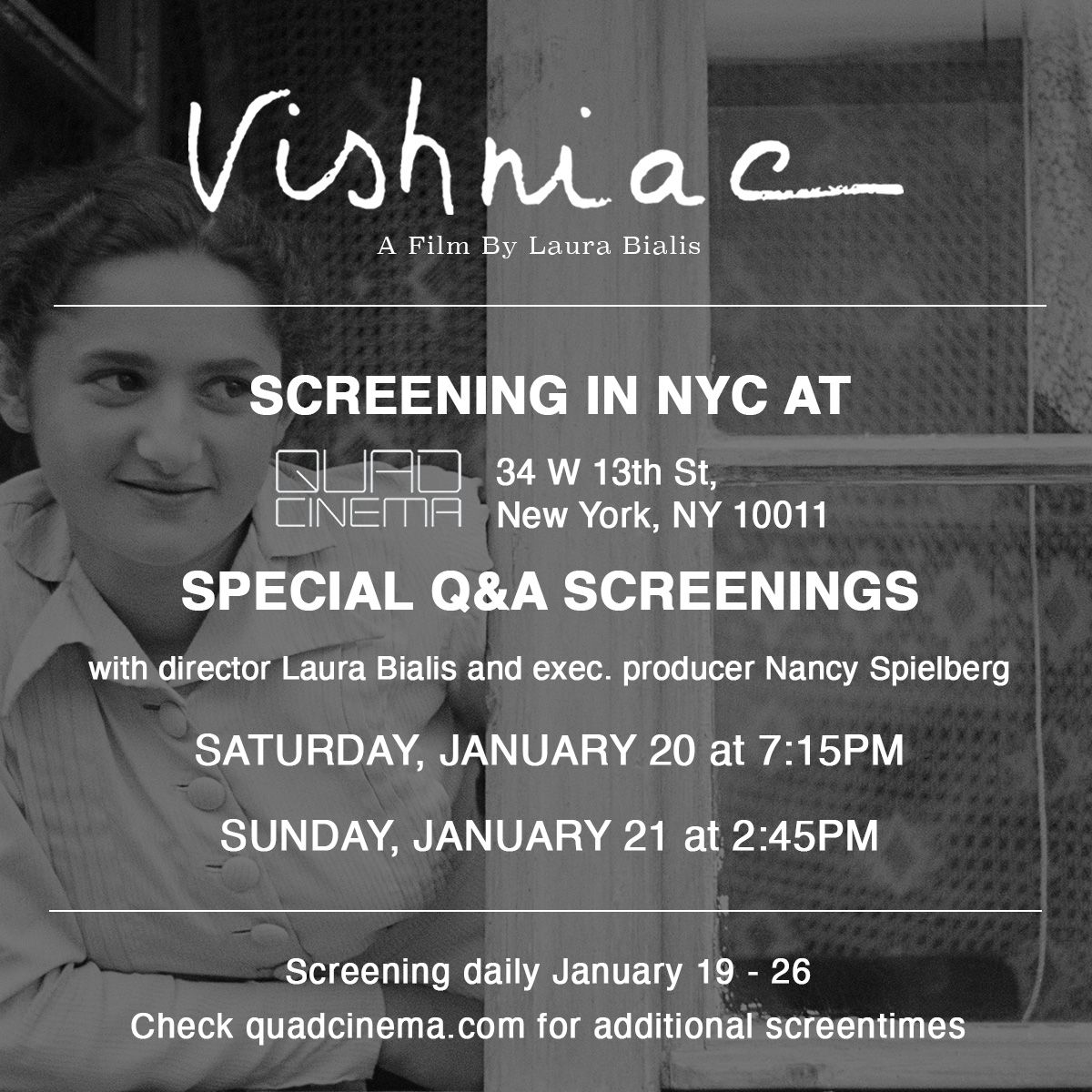 TONIGHT! Come see a Q&A with director @LauraBialis and exec. producer @nancyspielberg following the 7:15pm screening of @Vishniac at the at @Quadcinema. 🎥 Can't make it tonight? Join us for the Q&A tomorrow after the 2:45pm screening!
Get tickets now 🎟️ buff.ly/3tS4pgs