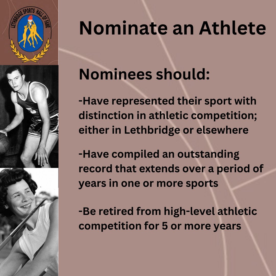 There's still time to nominate a deserving Athlete for the Lethbridge Sports Hall of Fame! 🥇

The deadline to submit is Jan. 31. 

View our online nomination form ➡️ lethbridgesportshalloffame.ca/nominations/

#yql