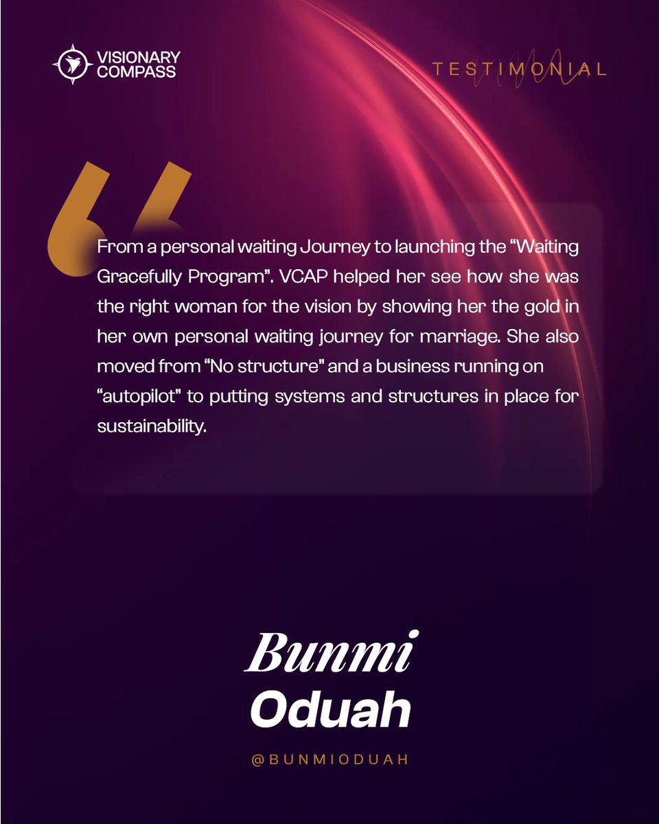 VCAP_by_DDK's tweet image. Through VCAP, Bunmi sharpened her visionary skills and achieved exponential results, proving that the program can transform your dreams into reality.

Get ready to take your business to the next level! Apply now at myvisionarycompass.com

#VCAP #VisionaryCompass #VCAP2024