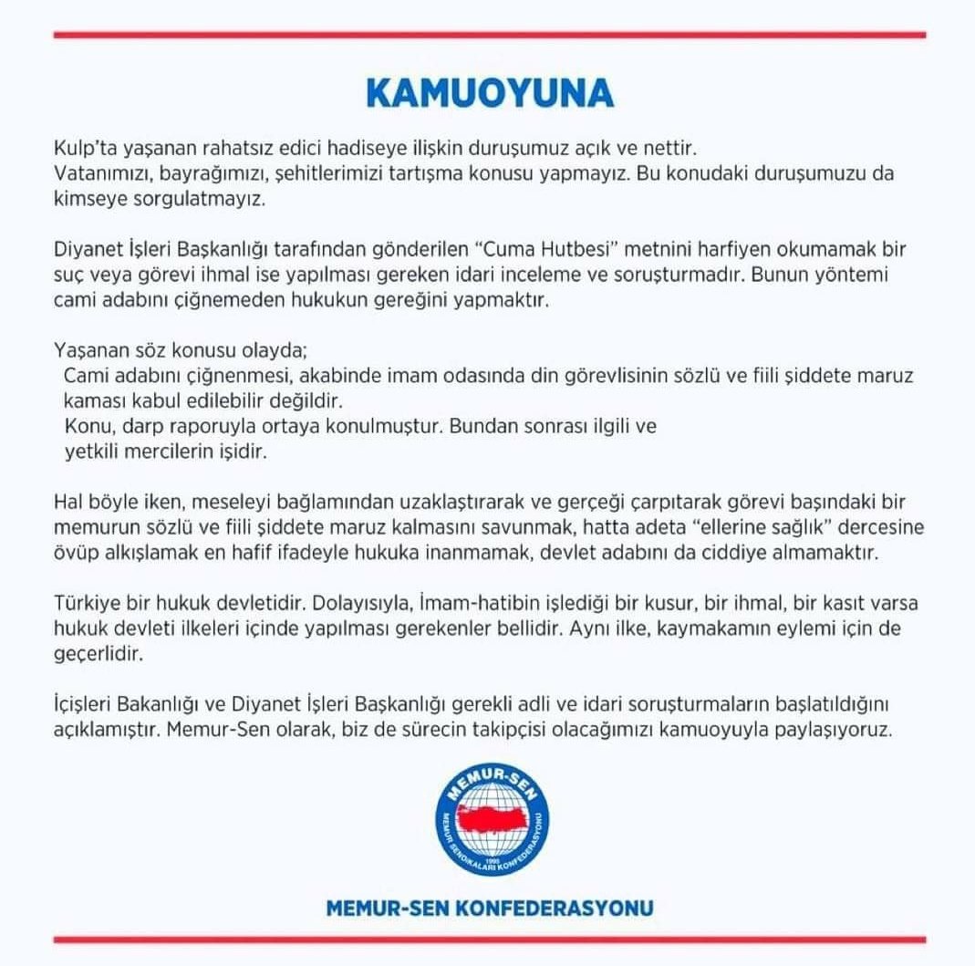 Diyarbakır Kulp’ta yaşanan rahatsız edici hadiseye ilişkin duruşumuz açık ve nettir.  

Vatanımızı, bayrağımızı, şehitlerimizi tartışma konusu yapmayız.  

Bu konudaki duruşumuzu da kimseye sorgulatmayız.