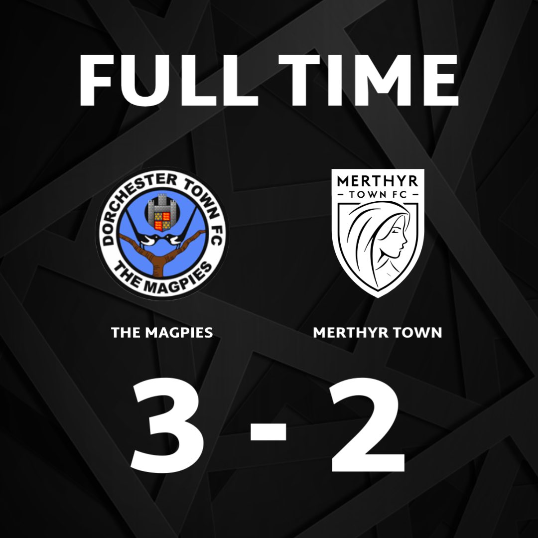 DorchTownFC's tweet photo. ⏱️ | 𝗙𝗨𝗟𝗟 𝗧𝗜𝗠𝗘

The Magpies 3-2 Merthyr Town

WHAT A WIN 🤩

#WeAreDorch ⚫️⚪️ https://t.co/QDMvnA58MK