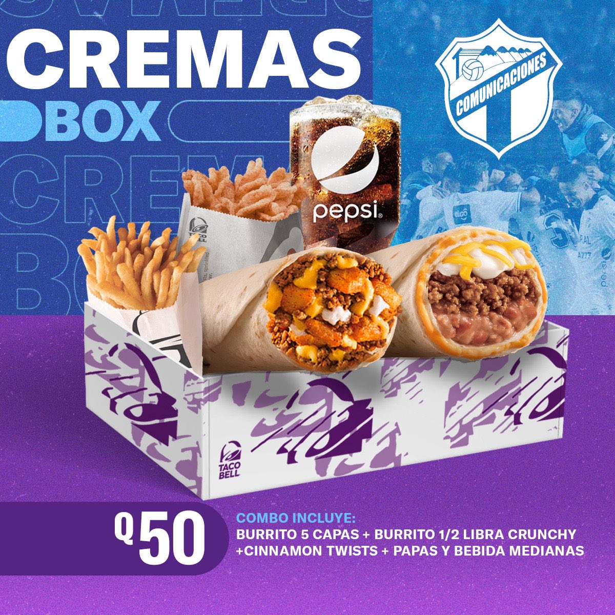 CremasOficial's tweet photo. ¡NUEVA CREMAS BOX! Para la afición crema x Tacobellera ⚽️🌯
 
Combo incluye: Burrito 5 Capas + Burrito 1/2 Libra Crunchy + Cinnamon Twists + Papas Medianas + Bebida Mediana, por solo Q50

Pide tu Box en restaurantes o a domicilio, llamando o escribiendo al 2202-0111 https://t.co/EQ2sziw1fN