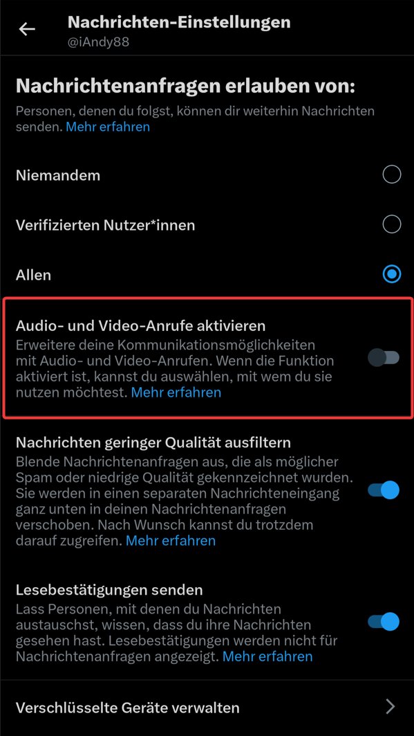 🚨 ACHTUNG 🚨

Twitter hat Audio- / Video-Anrufe (via Twitter) eingeführt und automatisch aktiviert.

Änderung (nur in der App möglich):

Auf das eigene Profilbild >>
Einstellungen und Datenschutz >>
Datenschutz &amp; Sicherheit >>
Direktnachrichten

ℹ️ #Servicetweet #iService88