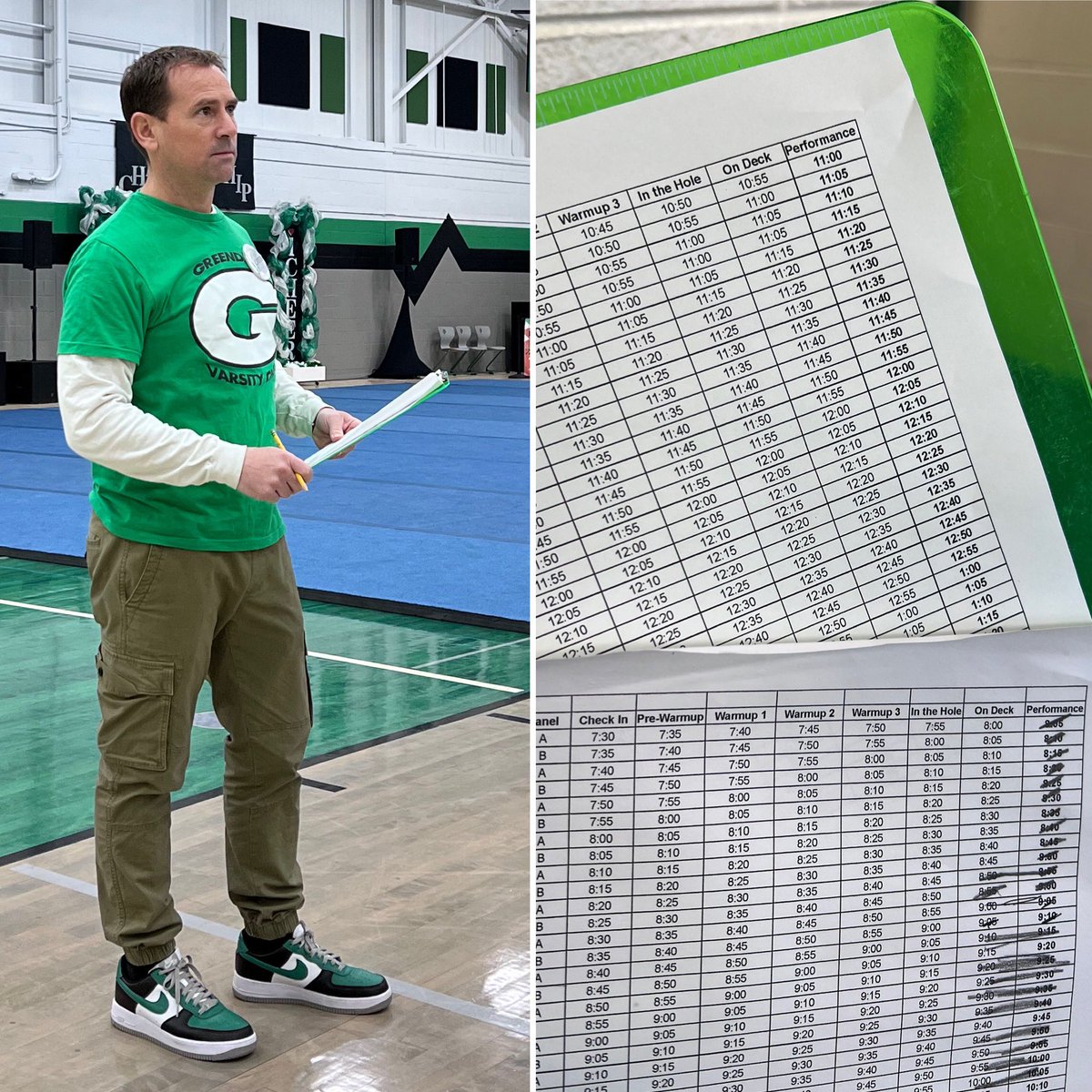 vincevitrano's tweet photo. Session one completed right on schedule thanks to a well executed cue by #ClipboardGuy and his team. On to page two at Greendale iCheer Championship. First team already set to hit the mat. #CheerDad #CheerisLife https://t.co/KIqpT90lSM