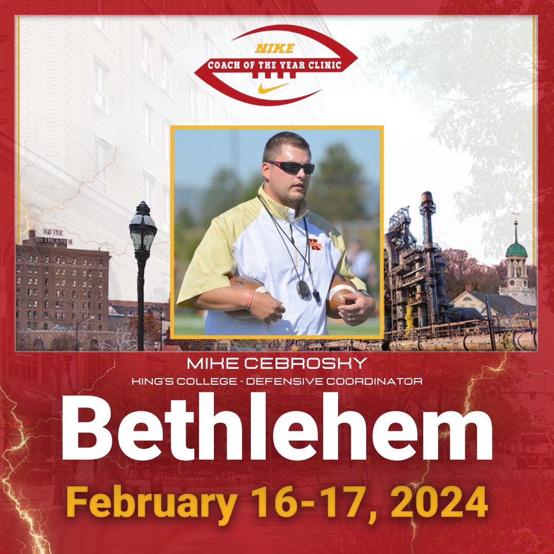 We are thrilled to have @KingsCollegeFB @CoachCebrosky speak at our clinic this year on Friday, February 16th @WCBethlehem. All topics will be released this week. Best line-up, social, breakfast, raffles, & more. See you in 4 weeks. Register Now: 2024.nikecoyfootball.com/bethlehem/