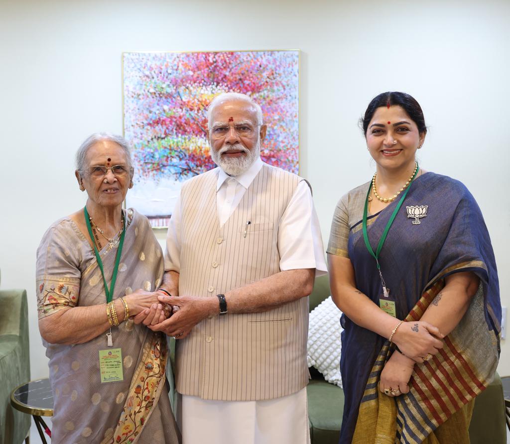 khushsundar's tweet photo. No amount of words would suffice to thank our H'ble PM Shri @narendramodi ji for giving so much happiness and joy to my ma-in-law, Smt #DeivanaiChidambaramPillai , who at 92 is a huge Modi follower and a fan. 
It was a moment of super excitement for her as it was her dream to meet him atleast once. 

Our PM, who is the most popular, loved and admired leader in the world, with absolute no such air whatsoever, welcomed her with so much of warmth and respect. His words filled with love and affection were like a son speaking to his mother. No wonder he is adored by all, young and old, and he is blessed and the truly chosen one by God. 

Sir, moments spent in your esteemed presence will be cherished forever. I see a childlike twinkle of joy in the eyes of my ma in law and nothing more matters to me but to see her happy at this age. 
Will always be indebted to you Pradhan Mantri ji. 
Kodi pranaams to you Shri @narendramodi ji 🙏🙏🙏🙏🙏🙏🙏