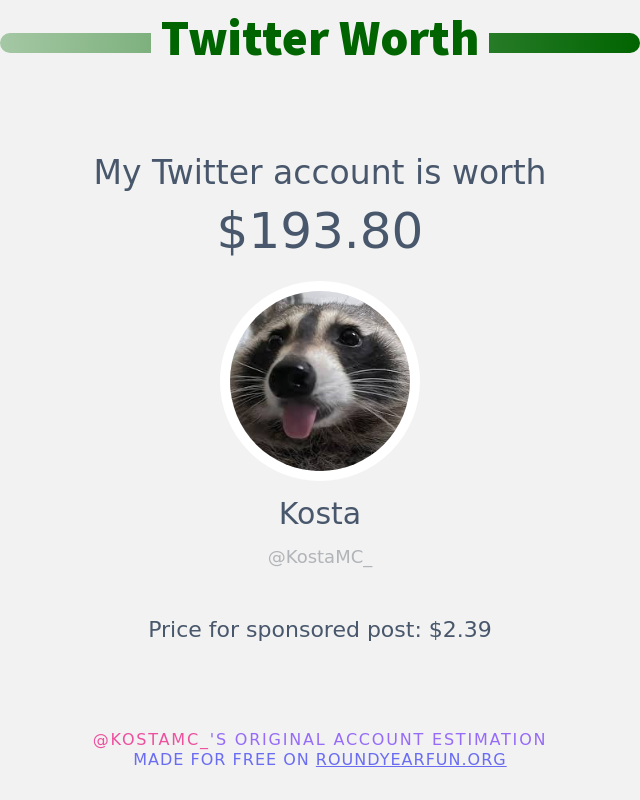 My Twitter worth is: $193.80

➡️ funxgames.me/twitterworth