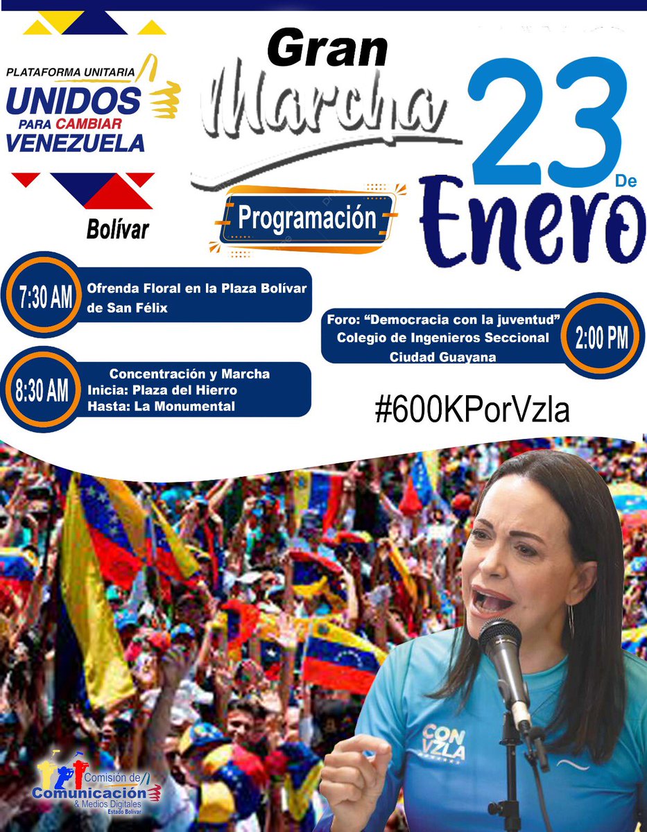 jrsalazarg's tweet photo. En #Bolivar la Plataforma Unitaria conjuntamente con #FAVL,Dirigentes de los Trabajadores y Gran Alianza Nacional #GANA vamos a participar de manera unitaria en la conmemoración del #23deEnero el próximo martes , invitamos a los guayaneses a participar activamente en su municipio https://t.co/GpVAcS54Ab