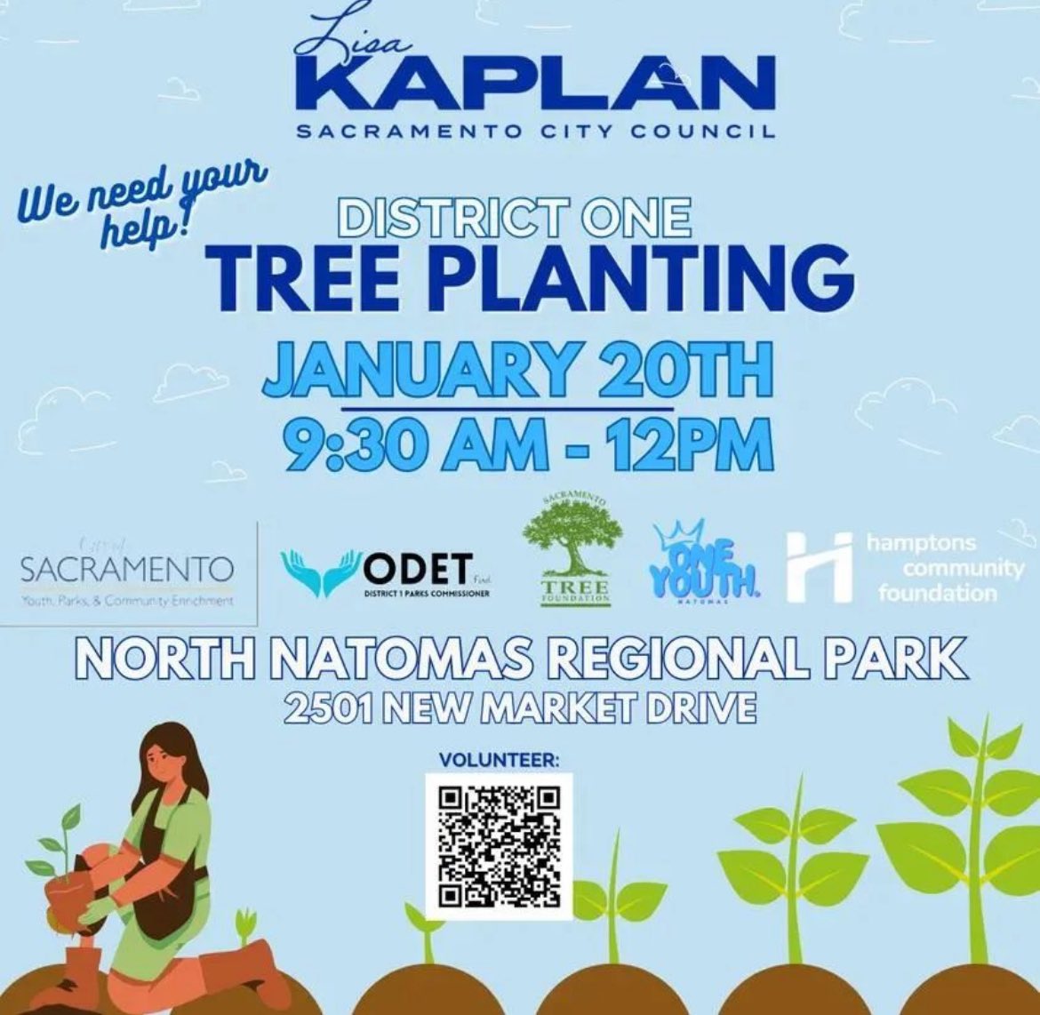 CM_LisaKaplan's tweet photo. Team Kaplan, One Youth #Natomas, Parks Cmmsnr Odet Ford & community members are planting 18 trees today on the Northside of N. Natomas Regional Park. We are meeting in Marshall’s parking lot at 9:30 - join us! #trees #service #CleanAir #TreeFoundation https://t.co/kRFpvFtLub