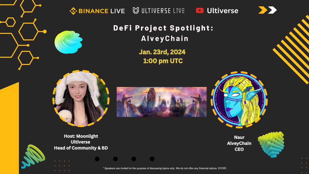 🎙️ Ultiverse Live: DeFi Project Spotlight - AlveyChain

📅 Jan. 23rd 
⏰ 09:00 am EST

⭐ Speaker
Naur, CEO of <a href="/AlveyChain/">Alvey</a>

⭐ Host 
<a href="/Moon1ightSt/">Moonlight🌙月光</a>, <a href="/UltiverseDAO/">Ultiverse</a>  Head of Community &amp; BD

🔗 #Binance Live: binance.com/en/live/video?…