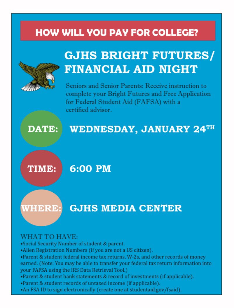 The George Jenkins HS Guidance Department is hosting their annual FAFSA Night this Wednesday! Senior parents and students, come on out to learn more information about filling out your Bright Futures and your FAFSA!
