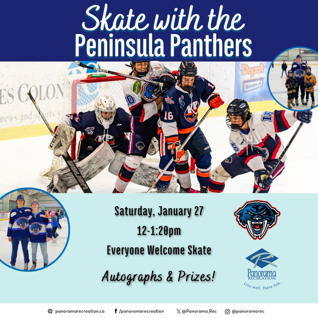Panorama_Rec's tweet photo. Join the Peninsula Panthers Junior A hockey team on the ice, Saturday, January 27th from 12 - 1:20pm. Win prizes, skate with the players and receive autographs!

This is an exciting Everyone Welcome skate you won't want to miss! 

@ppanthersvijhl #hockey #peninsulapanthers https://t.co/QNBAhx0acf