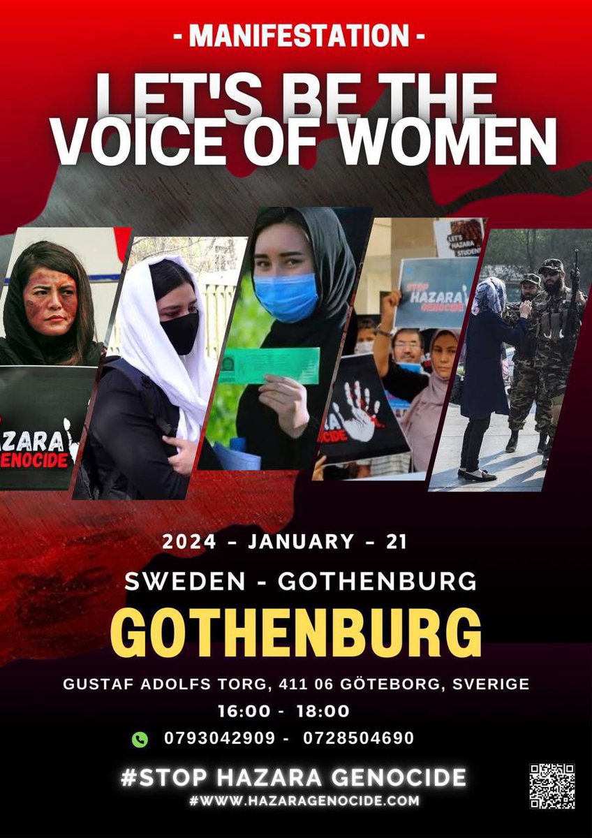Tomorrow we all come out on the streets and raise our voices against the oppression of women by Taliban in Afghanistan and to demand #StopHazaraGenocide. 📍Demonstration: Stockholm, Medborgarplatsen at 13:00 Göteborg, Gustaf Adolf Torg at 16:00 For contact info, check posters!
