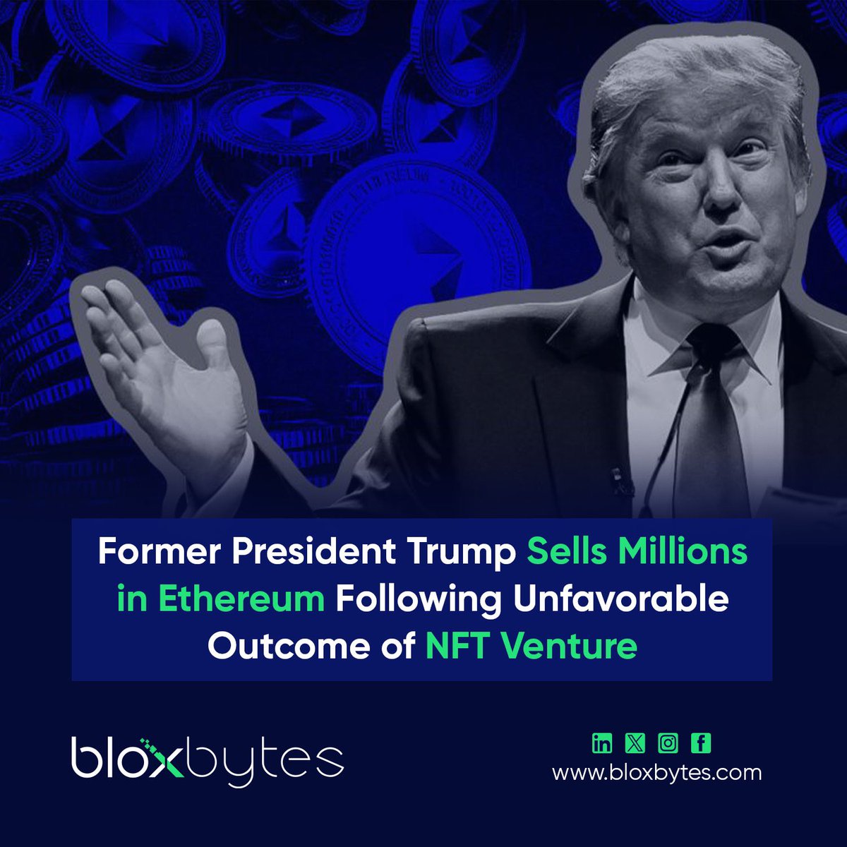 BloxBytes's tweet image. @realDonaldTrump, the 45th president of the United States, has sold millions of dollars worth of Ethereum, according to a recent analysis. The analysis indicates that Trump sold 1,325 Ethereum for over $3 million.

#bloxbytes #cryptocurrency #DonaldTrump #ethereum #UnitedStates