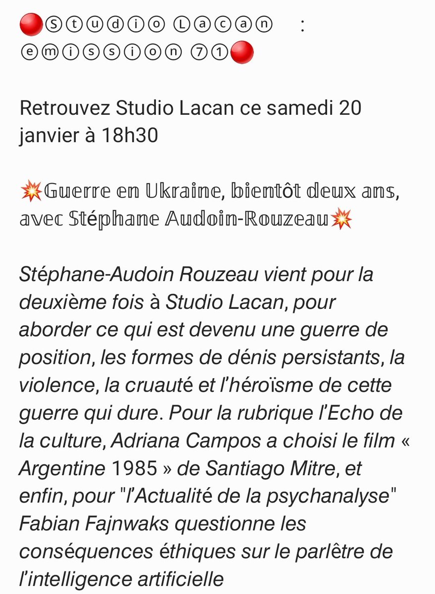 🔴Ⓢⓣⓤⓓⓘⓞ Ⓛⓐⓒⓐⓝ     : ⓔⓜⓘⓢⓢⓘⓞⓝ ⑦①🔴 

📺Retrouvez Studio Lacan ce samedi 20 janvier à 18h30 

💥𝔾𝕦𝕖𝕣𝕣𝕖 𝕖𝕟 𝕌𝕜𝕣𝕒𝕚𝕟𝕖, 𝕓𝕚𝕖𝕟𝕥ô𝕥 𝕕𝕖𝕦𝕩 𝕒𝕟𝕤, 𝕒𝕧𝕖𝕔 𝕊𝕥é𝕡𝕙𝕒𝕟𝕖 𝔸𝕦𝕕𝕠𝕚𝕟-ℝ𝕠𝕦𝕫𝕖𝕒𝕦💥

youtu.be/Lsg0l4wDMlg?si…