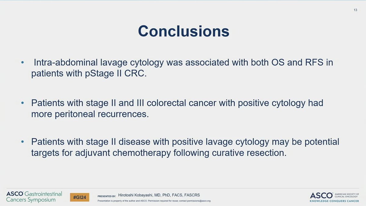 Dr. Kobayashi presents a trial on peritoneal lavage cytology in patients with stage II and III colorectal cancer. Interesting that pts with positive cytology only had 10-12% peritoneal recurrence. #GI24