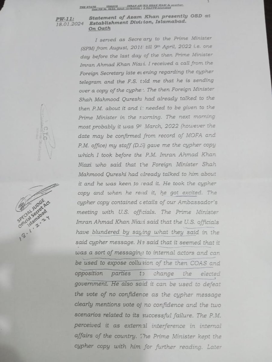 worqas's tweet photo. Azam Khan has considerably toned down his statement against IK in the cypher case, there isn't much left in the case now. Also, it is very interesting that Azam Khan admits that the cypher was stolen from the PM's office. IK said the same in leaked audio (next tweet) https://t.co/mONuE1MAcP