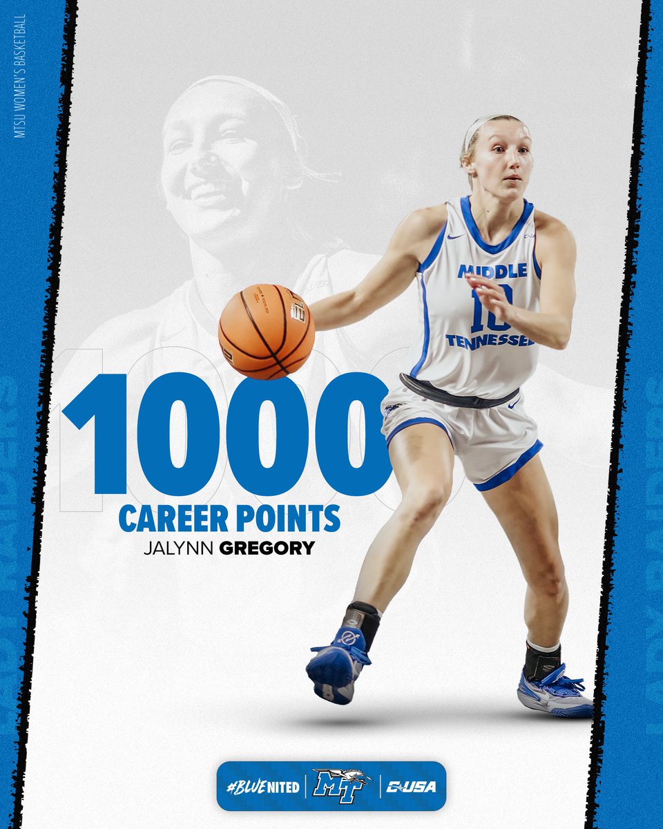 MT_WBB's tweet photo. With that @LeeCompany three-pointer, @GregoryJalynn becomes the 34th Lady Raider to reach 1,000 career points!

#BLUEnited | #TrueBlue https://t.co/W6hFRVgPQQ