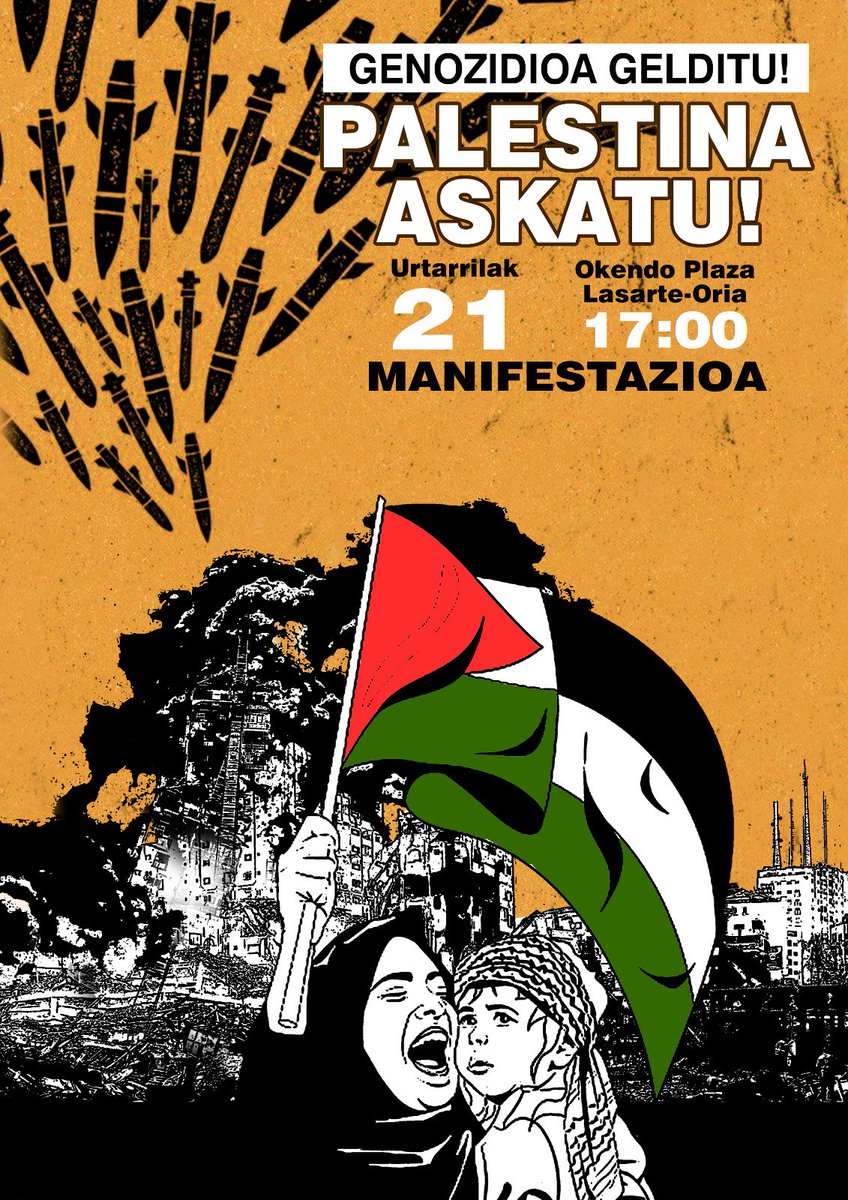 Ez dadila haria eten... Faltatu ezin garen zita berria bihar Lasarten. Ez begiratu beste aldera, PALESTINAKO GENOZIDIOA GERATU!!! 🇵🇸✊️💜