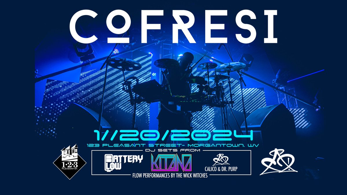 TONIGHT live Electronic Percussionist Cofresi is LIVE <a href="/123pleasant/">123 Pleasant Street</a> #Morgantown with <a href="/djkitana/">KiTANA</a> <a href="/Olboy0108/">♑️Ol' Boy with the Beard (1.08)♑️</a>  and Battery Low.
Doors 9pm
$20
 18+
#WestVirginia #WVU #Mountaineers #BeatKU #Drums