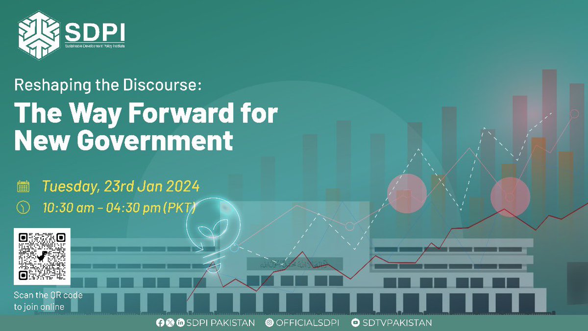 📢 Join us for an enlightening discussion regarding ⬇️ “Reshaping the discourse: The Way Forward for New Government” 📆 Tuesday, 23rd Jan, 2024 ⏰ 10:30am-4:30pm PKT Scan the QR code below for more information ⬇️ #WayForward #NewGovernment #SDPI
