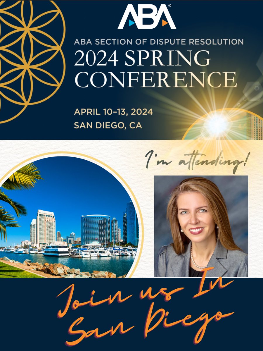Join us in sunny San Diego for the largest ADR conference in the world: The <a href="/ABAesq/">American Bar Association</a> Dispute #Resolution Section Annual Conference, April 10-13, 2024! Register before early bird ends americanbar.org/event/c3538f67… #Mediation #Arbitration #Ombuds